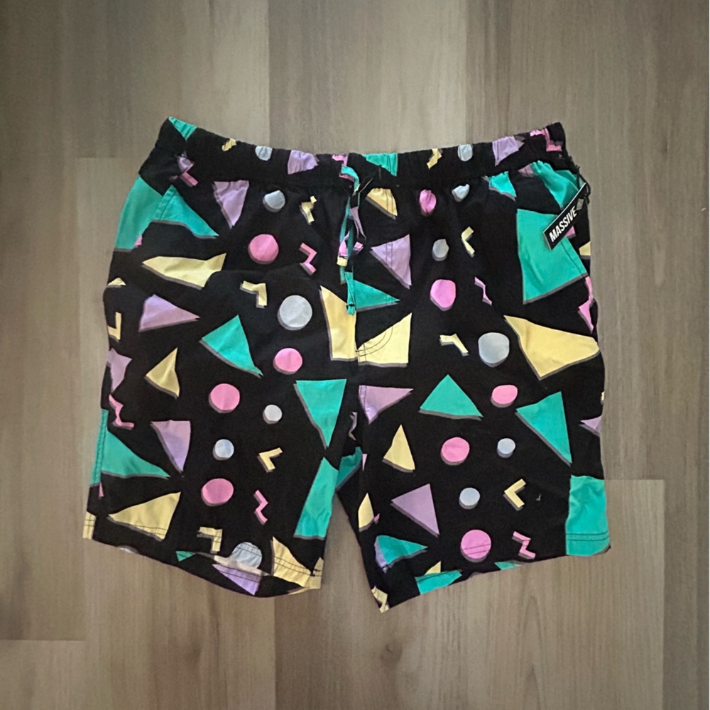 Vibrant Geometric Men's Hybrid Shorts - Black, Green, Purple, Yellow